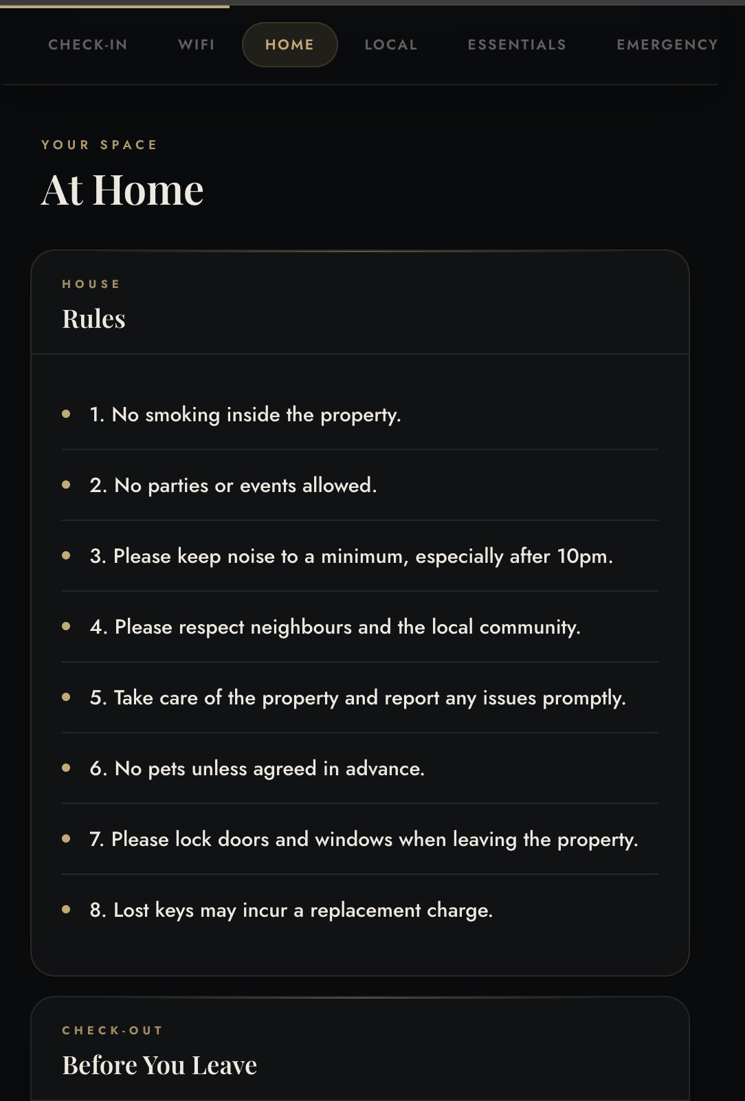 Hosty welcome guide — house rules and checkout